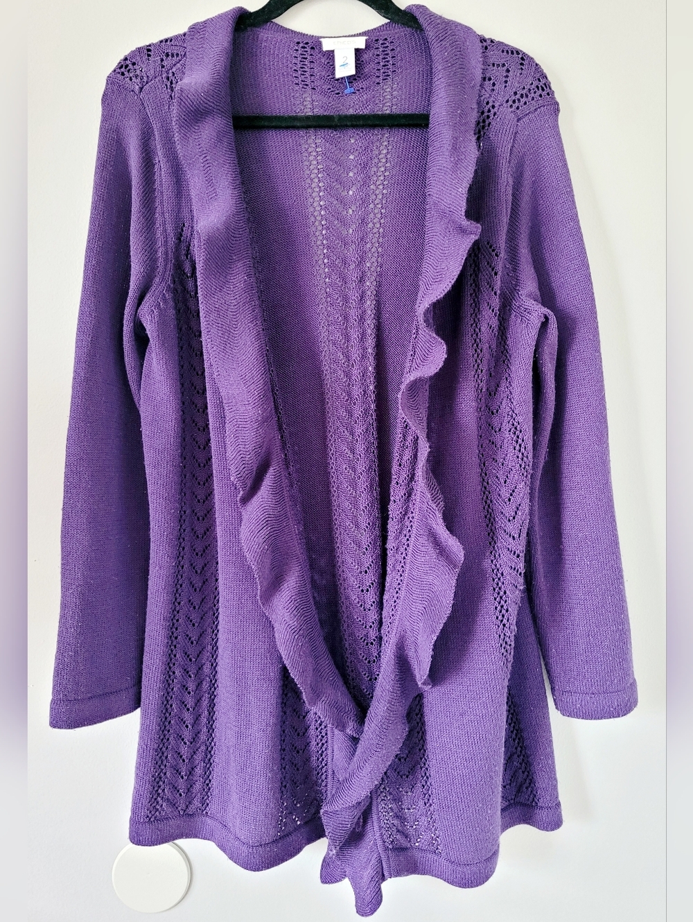 Chico's Purple Ruffled Open-Front Knit Cardigan 2/Large